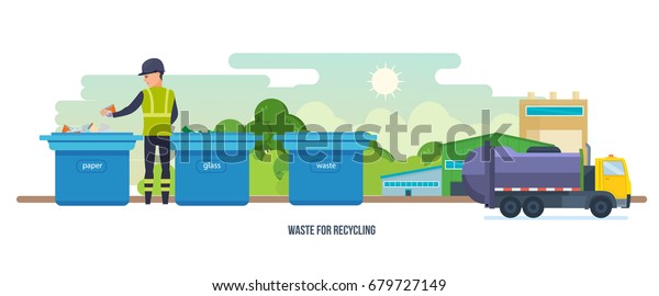 Waste for recycling. Residential and\
commercial solid waste collection, transportation, for further\
processing. Cleaning city. Household waste. Service recycling.\
Garbage truck. Vector\
illustration.