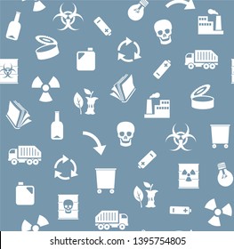 Waste, recycling, seamless pattern, blue, vector. Garbage collection, different types of waste. Vector, seamless background. White, flat icons on blue background. 