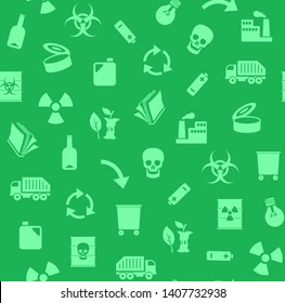 Waste, recycling, seamless pattern, color, dark green, vector. Garbage collection, different types of waste. Vector, seamless background. Green, flat icons on a dark green background. 