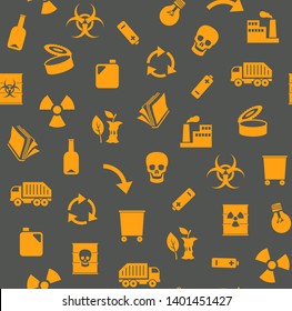 Waste, recycling, seamless pattern, gray, orange, color, vector. Garbage collection, different types of waste. Vector, seamless background. Orange, flat icons on a dark gray background.  