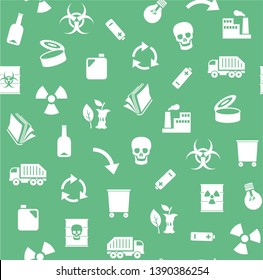 Waste, recycling, seamless pattern, green, vector. Garbage collection, different types of waste. Seamless, flat background. White, flat icons on green background.  