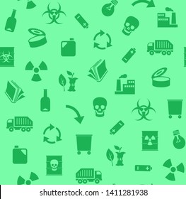 Waste, recycling, seamless pattern, green, color, vector. Garbage collection, different types of waste. Vector, seamless background. 