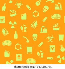 Waste, recycling, seamless pattern, orange, color, vector. Garbage collection, different types of waste. Vector, seamless background. Yellow, flat icons on orange background.  