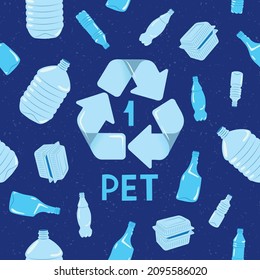Waste recycling. Seamless pattern plastic bottles and containers PET. Eco-friendly environment. Doodle vector illustration.