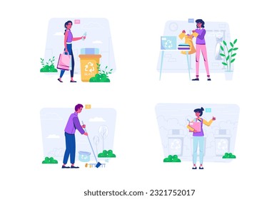 El concepto de conjunto de reciclaje de residuos con la escena de la gente al estilo de las caricaturas planas. Los jóvenes son conscientes de clasificar la basura. Ilustración vectorial.