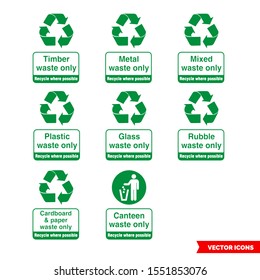 Waste and recycling signs icon set of color types. Isolated vector sign symbols. Icon pack.