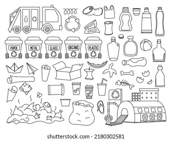 Waste recycling and sorting black and white collection. Vector ecological line set for kids. Earth day illustration with rubbish bins, recycle plant, truck. Environment friendly coloring page