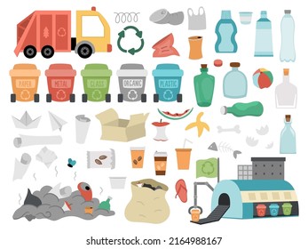 Waste recycling and sorting collection. Vector ecological set for kids. Earth day illustration with rubbish bins, plastic, glass, organic, paper garbage, recycle plant, truck. Environment friendly
