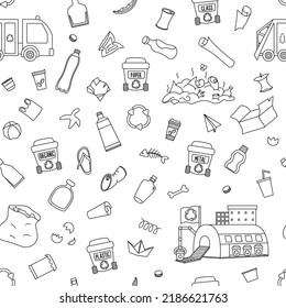 Waste recycling and sorting seamless pattern. Vector ecological repeat background for kids. Earth day digital paper with rubbish bins, plastic, glass, organic, paper garbage, recycle plant
