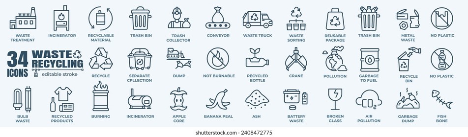 Waste recycling and sorting vector icon set. Outline editable icons collection. Simple vector illustration.