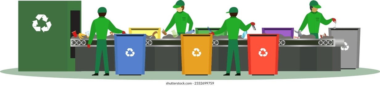 Waste recycling and storage for further disposal, waste sorting workers vector illustration, sorting waste grabage,waste treatment plant