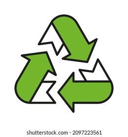 Waste recycling symbol. Green and white triangular arrows with a black outline. Simple flat three color vector icon for website, app, print, presentation, and more