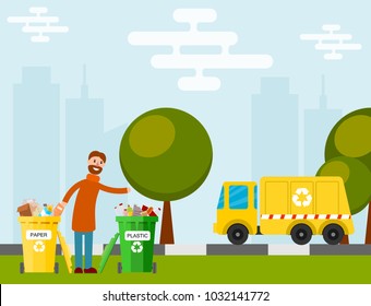 Waste recycling vector garbage process factory truck brought processing industry processed manufacturing production illustration.