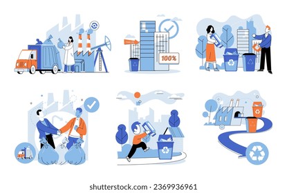 Waste recycling. Vector illustration. Cleaning up our act through recycling can lead to cleaner and greener future The natural world suffers from destruction caused by unsustainable waste practices