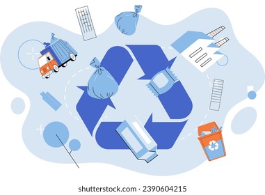 Waste recycling. Vector illustration. Environmental conservation relies on responsible recycling and waste management Reusing and recycling materials reduces strain on our natural resources Saving