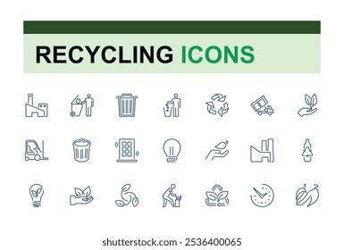 Conjunto de iconos de línea de Vector de reciclaje de residuos. Incluye material de línea delgada, textil, clasificación, contenedor, hogar, ecológico y más. Conjunto de pictograma de línea. Trazo de Vector editable