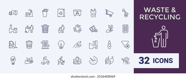 Conjunto de iconos de línea de Vector de reciclaje de residuos. Incluye material de línea delgada, textil, clasificación, contenedor, hogar, ecológico y más. Conjunto de pictograma de línea. Trazo de Vector editable