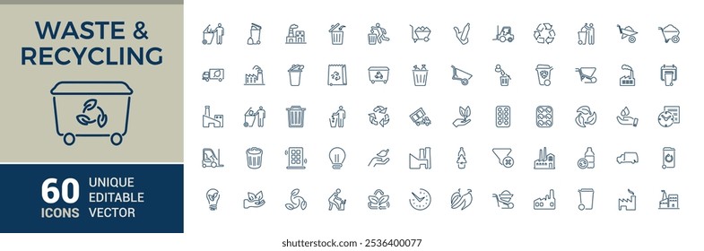 Conjunto de iconos de línea de Vector de reciclaje de residuos. Incluye material de línea delgada, textil, clasificación, contenedor, hogar, ecológico y más. Conjunto de pictograma de línea. Trazo de Vector editable