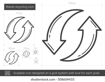 Icono de línea vectorial de reciclado de residuos aislado en fondo blanco. Icono de línea de reciclaje de residuos para infografía, sitio web o aplicación. Icono escalable diseñado en un sistema de cuadrícula.