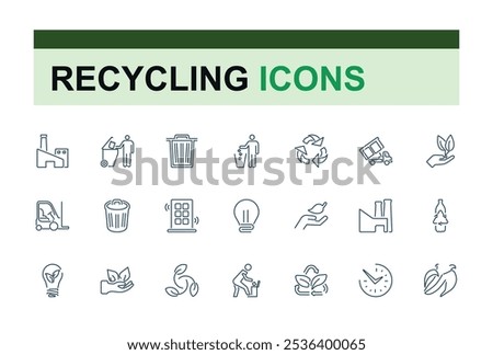 Waste Recycling vector line icon set. Includes thin line material, textile, sorting, bin, household, ecological and more. Set of line pictogram. Editable vector stroke