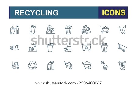 Waste Recycling vector line icon set. Includes thin line material, textile, sorting, bin, household, ecological and more. Set of line pictogram. Editable vector stroke