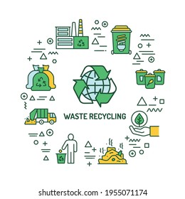 Waste recycling web banner. Infographics with linear icons on white background. Creative idea concept. Isolated outline color illustration.