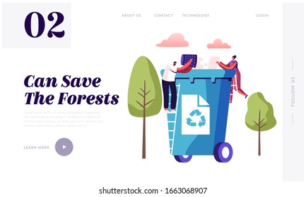 Waste Recycling Website Landing Page. Tiny People Throw Paper Garbage into Huge Litter Bin with Recycle Sign. Nature Pollution and Ecology Protection Web Page Banner. Cartoon Flat Vector Illustration