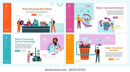 Reciclaje de residuos en el conjunto de conceptos de página web. Plantilla de ilustración vectorial de banner de aterrizaje con procesamiento de basura. Personaje de la gente pequeña cerca de contenedor, reutilizar la basura en la fábrica, colección del sitio web