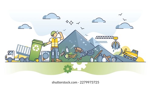 Waste reduction and disposable garbage material recycling outline concept. Sustainable and nature friendly plastic management vector illustration. Reuse awareness for ecological and clean lifestyle.