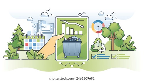 Waste reduction and garbage recycling eco strategy outline hands concept. Plan with nature conservation and reducing trash storage amount vector illustration. Effective and clean trash organization.