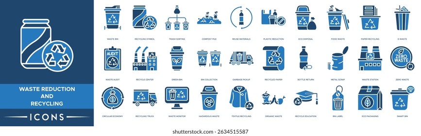 Waste Reduction and Recycling Icon set. Waste Bin, Recycling Symbol, Trash Sorting, Compost Pile, Reuse Materials, Plastic Reduction, Eco Disposal and Food Waste