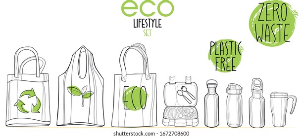 Waste reduction set: canvas shopping bags of different design, food containter with fork and spoon, various types of water bottles and a travel mug. Signs: Zero waste, Plastic free. Nature protection.