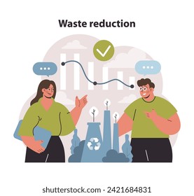 Estrategia de reducción de residuos visual. Profesionales que analizan y celebran el declive de los desechos industriales. Promover el reciclado para el equilibrio ecológico. Ilustración vectorial plana.