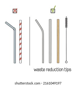 Waste reduction tips. Choice of reusable drinking straws instead of single use plastic ones. Say no to plastic straws concept. Eco-friendly living, Zero waste lifestyle