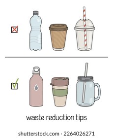 Consejos de reducción de desechos. Posibilidad de elegir entre envases reutilizables para tomar bebidas en lugar de desechables. Sin plástico de un solo uso, un estilo de vida ecológico, un concepto de estilo de vida de basura cero