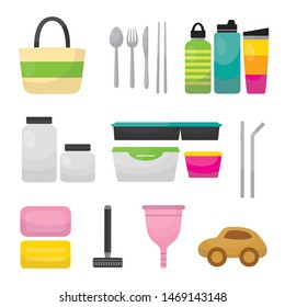 Waste Reduction (Zero Waste) Methods Illustration Vector Set in Flat Style Isolated on White Background. 