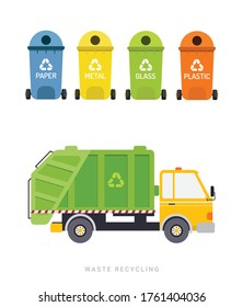 Waste removal, garbage truck and different types of trash bin flat style vector illustration. Isolated on white background. Waste sorting and transportation by truck. Waste recycling concept.