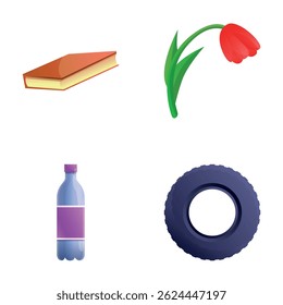Waste reuse icons set cartoon vector. Old household item. Recycling concept