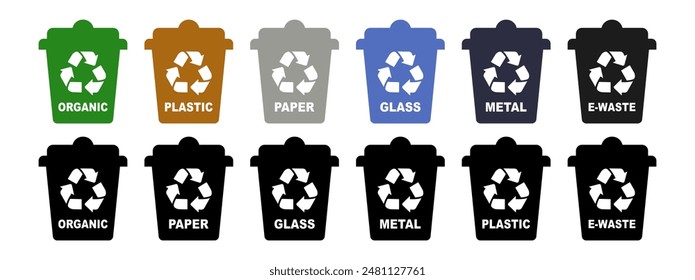 Waste segregation. Cans with recycling icon. Waste sorting containers. Containers for sorting paper, glass, metal, organic, plastic