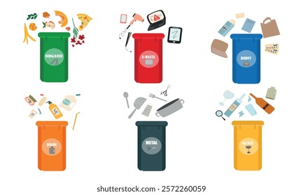 Waste segregation concept. Sorting and recycling garbage by material and type in colored trash cans. Bins with recycling symbols Vector illustration for zero waste, environment protection infographic