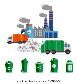 Waste segregation and garbage recycling categories. Recycle bin, garbage truck, garbage recycling plant / factory and landfill illustrations. Ecology industrial flat icons. Vector illustrations.