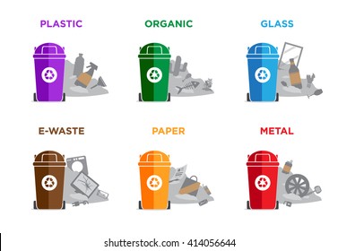 Waste segregation and garbage recycling sorts and categories. Colored recycle bin and trash pile vector illustrations. Plastic, organic, glass, electronic waste, paper and metal waste types.