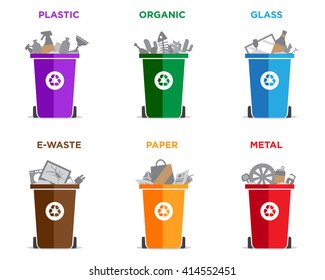 Waste Segregation And Garbage Recycling Sorts And Categories. Colored Recycle Bin Vector Illustrations. Plastic, Organic, Glass, Electronic Waste, Paper And Metal Waste Types.