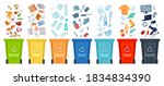 Waste segregation. Sorting garbage by material and type in colored trash cans. Separating and recycling garbage vector infographic. Garbage and trash, ecology rubbish recycling illustration