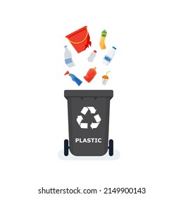 Waste segregation. Sorting garbage by material and type in colored trash cans. Waste utilization and ecology save concept. Eps 10