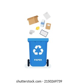 Waste segregation. Sorting garbage by material and type in colored trash cans. Waste utilization and ecology save concept. Eps 10