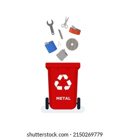 Waste segregation. Sorting garbage by material and type in colored trash cans. Waste utilization and ecology save concept. Eps 10