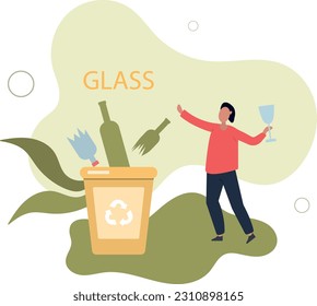 Waste segregation. Sorting garbage by material and type in colored trash can.flat vector illustration. ecology rubbish recycling