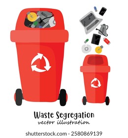 Waste segregation. Trash, Bin, Sorting and recycling garbage by material and type in colored trash cans. Recycling bin. illustration for zero waste, environment protection 