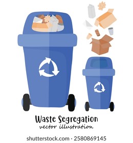 Waste segregation. Trash, Bin, Sorting and recycling garbage by material and type in colored trash cans. Recycling bin. illustration for zero waste, environment protection 